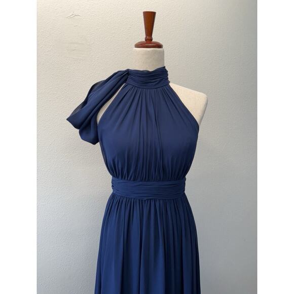 Mac Duggal Ieena Maxi Gown Dress Womens Size 4 Navy Blue High Neck Bow Pleated - Picture 3 of 7